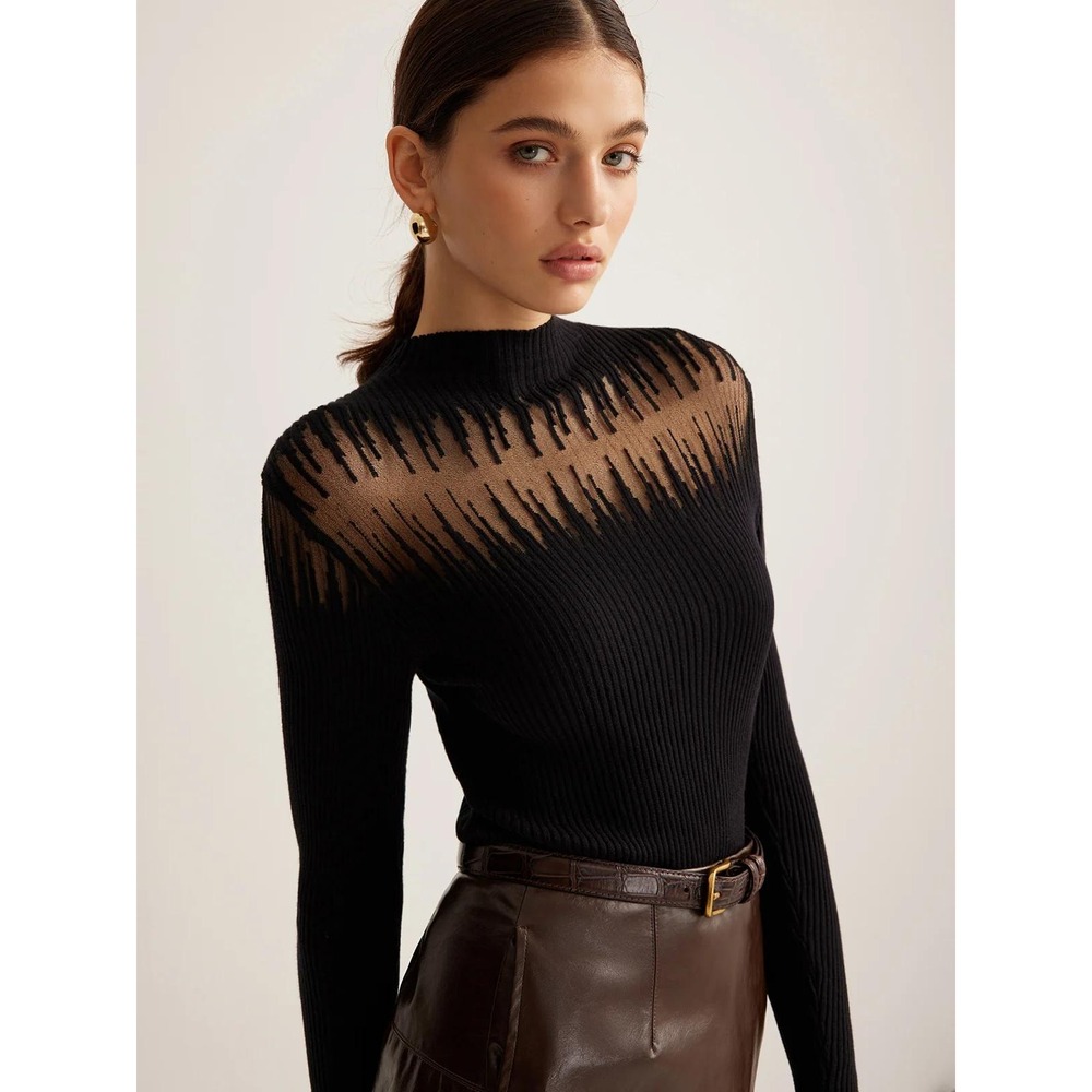COMMENSE Black Mock Neck Sheer Panel Long Sleeve Knit Top Size S
